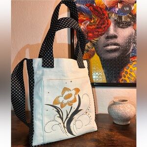 Hand-Painted Floral Canvas Tote Bag - Black and Cream